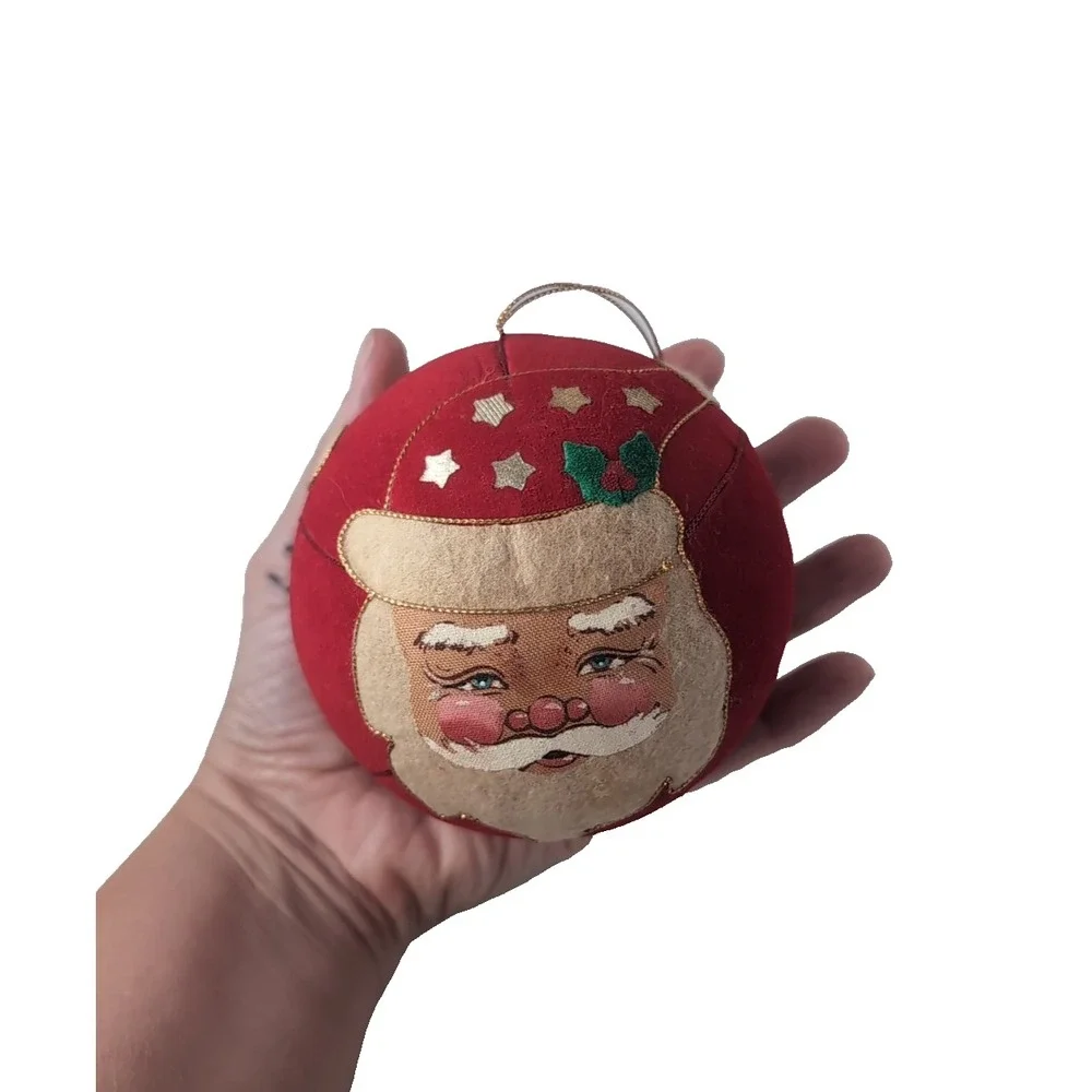 1980's Vintage Annalee Santa Head Ornament Red Hat & Holly Christmas Decor